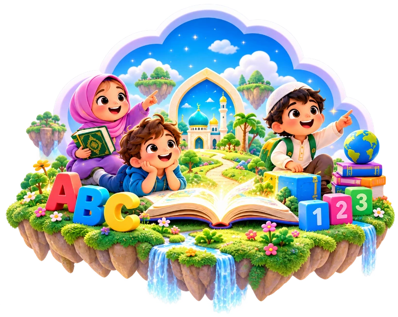 Children learning on a floating island with Quran, English, math, and a glowing book