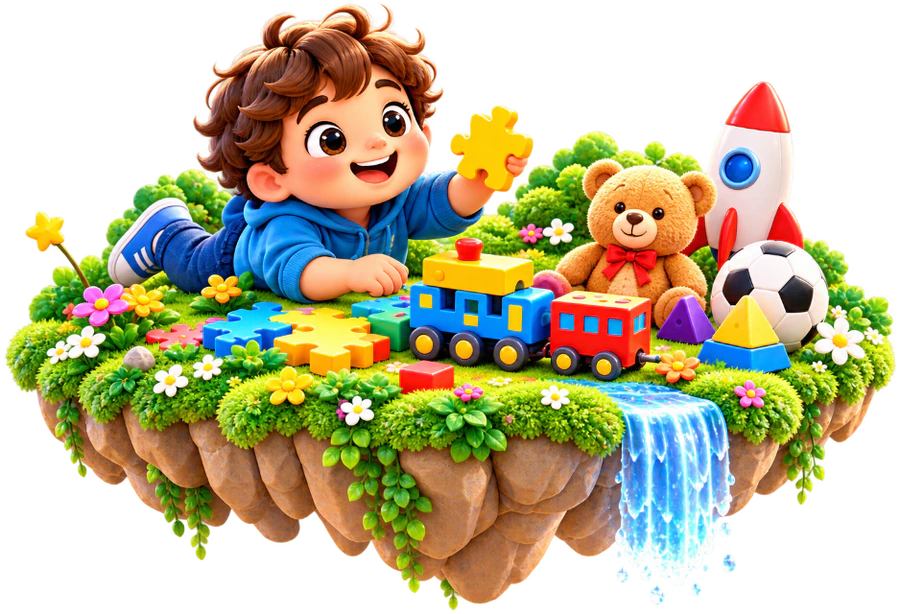 A child playing with puzzles, a train, and toys on a floating island