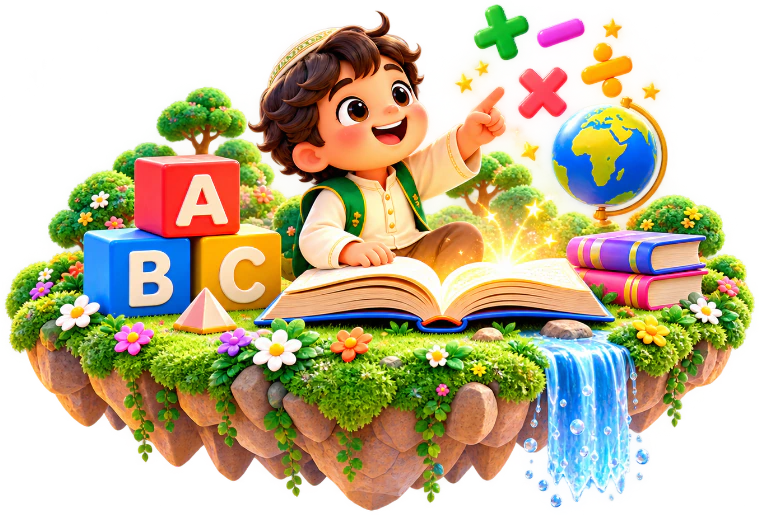 A child with alphabet blocks, an open book, and a globe on a floating island