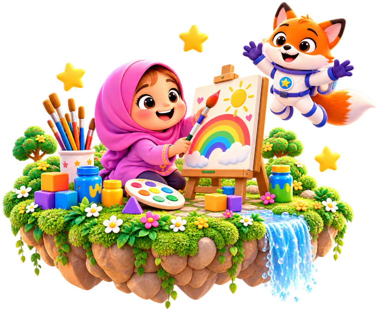 A child painting a rainbow on a floating island, with a fox astronaut